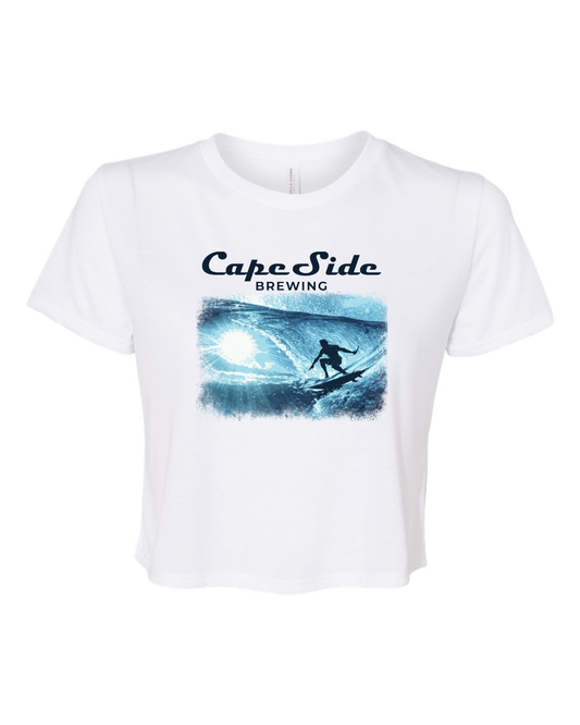 Cape Side Brewing Surfing Mural Women’s Flowy Crop Tee - 8882